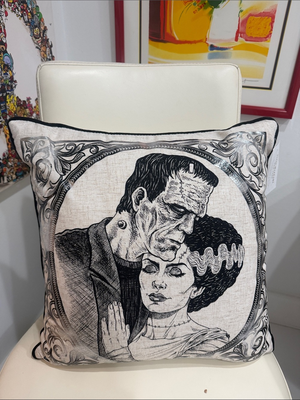 Isaac Mizrahi Black and Cream Frankenstein & Bride Couple Decorative Pillow